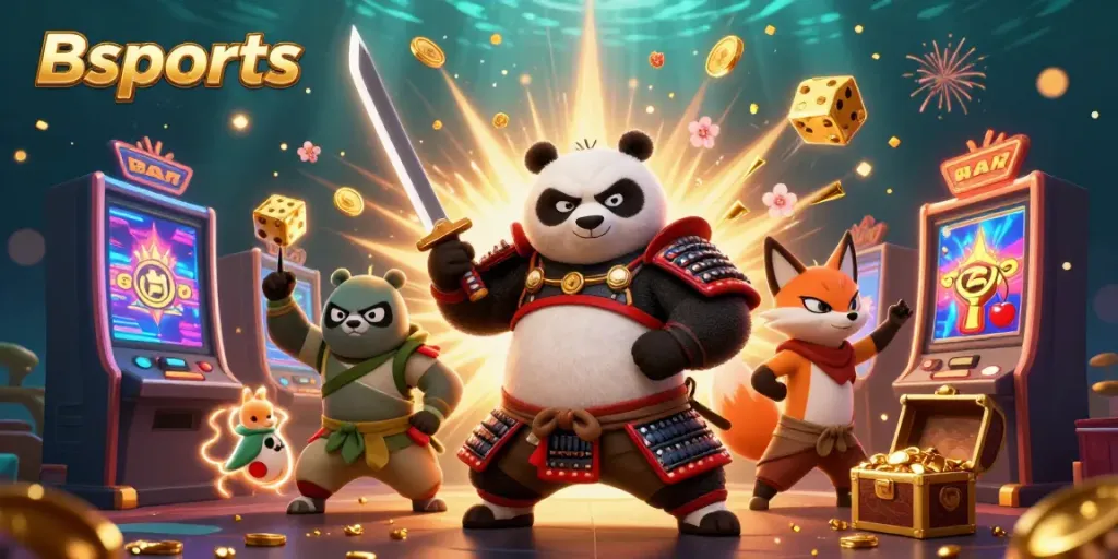 Engage with Bsports action featuring a dynamic 3D scene of casino characters and games.