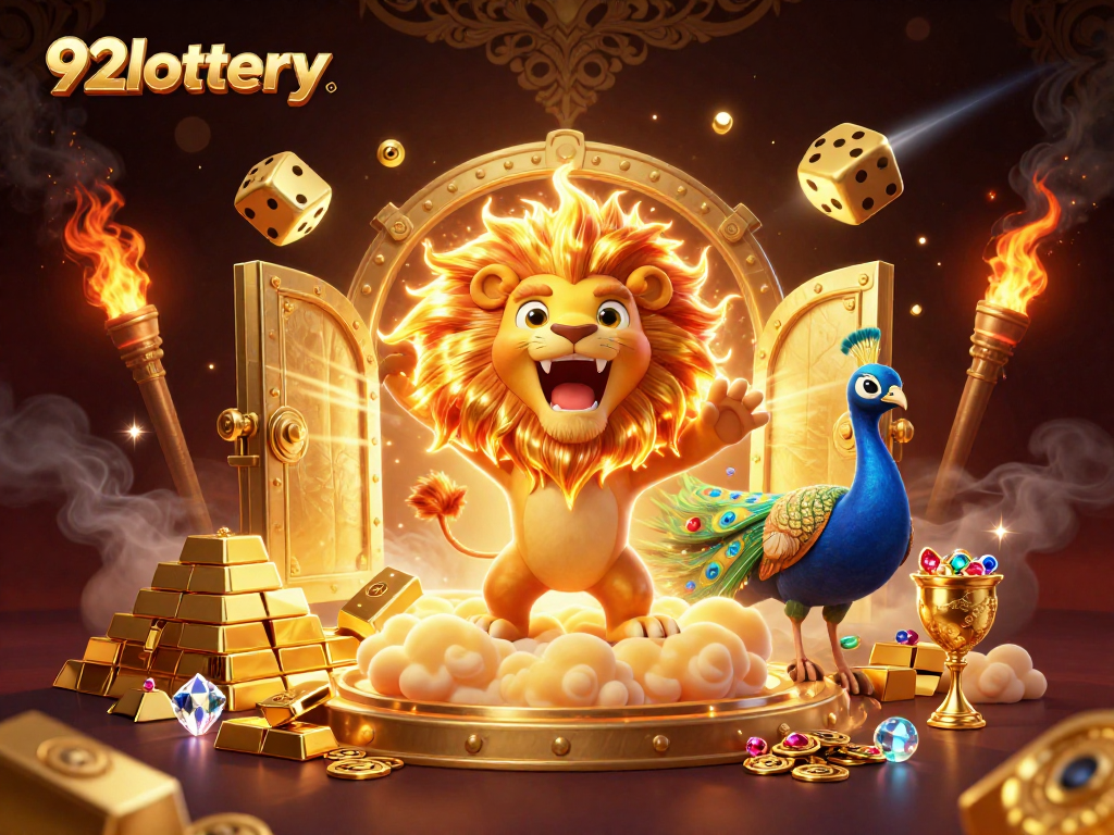 Experience the excitement of 92lottery with a dynamic illustration of a roaring lion, golden dice, and casino treasures.