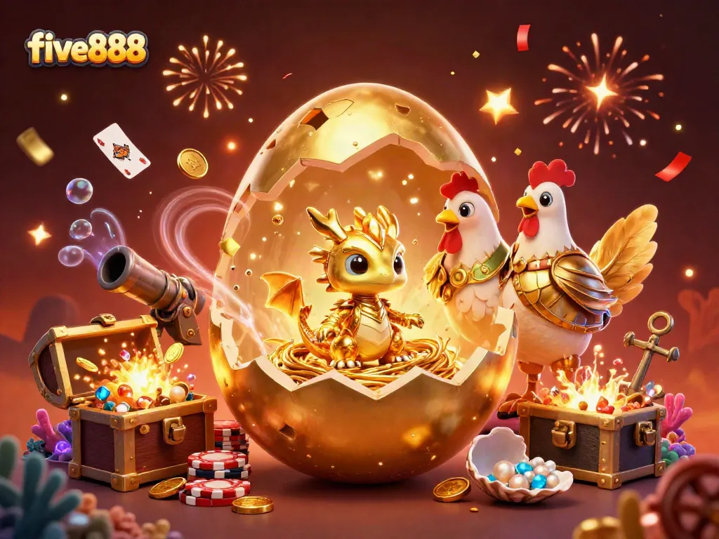 Experience the thrill of winning at five888 with a vibrant scene of golden dragons and poker chips.