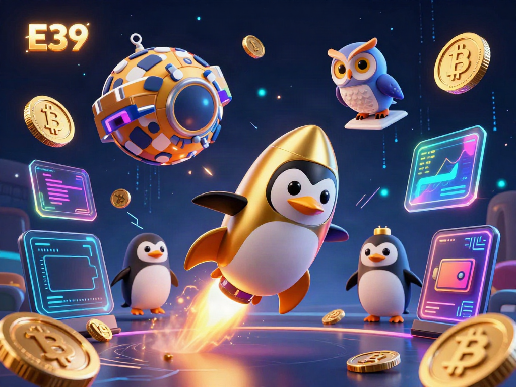 Experience E39's thrilling adventure with a golden penguin in a casino-themed cosmos filled with crypto elements.