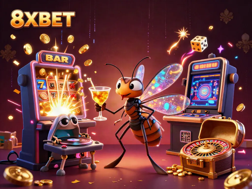 Join the excitement at 8XBET casino with a cartoon mosquito mascot and colorful slot symbols.