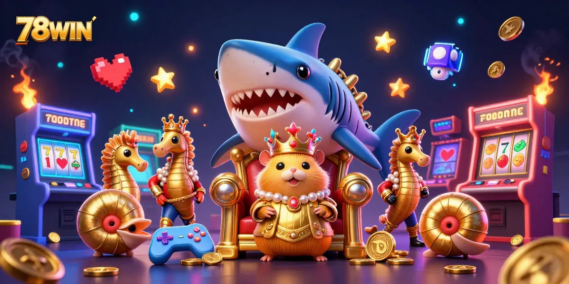 Experience excitement at 78WIN with a vibrant 3D casino scene featuring thrilling game elements and characters.