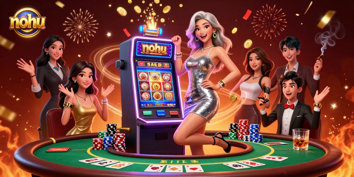 NoHu casino excitement: Asian woman celebrates a jackpot win among colorful poker elements.