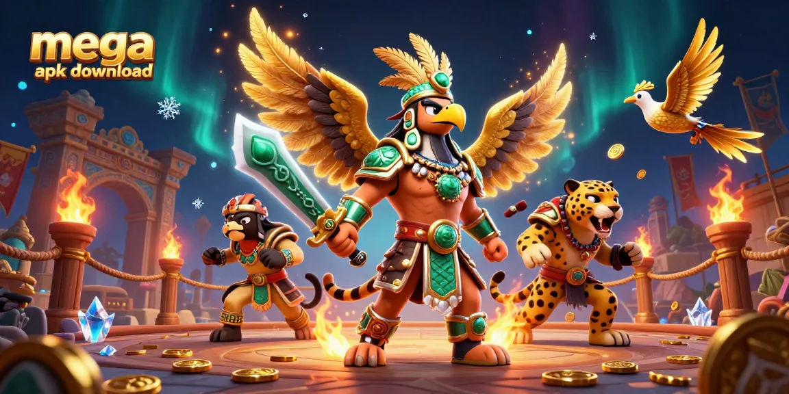 Experience the mega apk download with an exhilarating 3D casino scene featuring Aztec warriors and dynamic game elements.