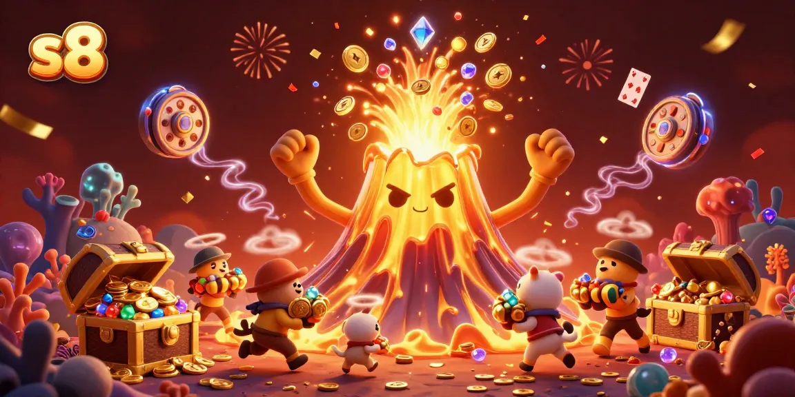 Experience thrilling wins at s8 with a golden volcano erupting coins while explorer animals treasure hunt.