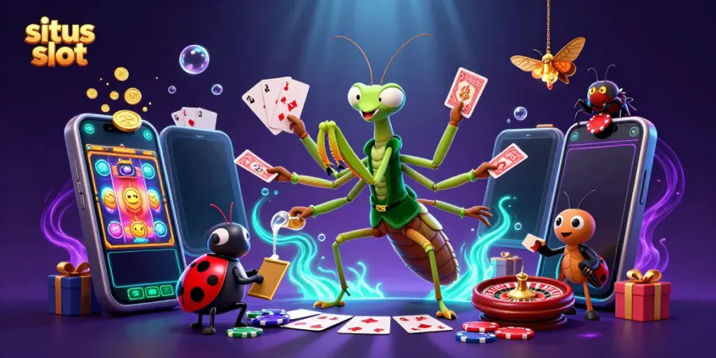 Experience thrills at situs slot with a giant praying mantis, ladybug pit boss, and colorful casino elements.