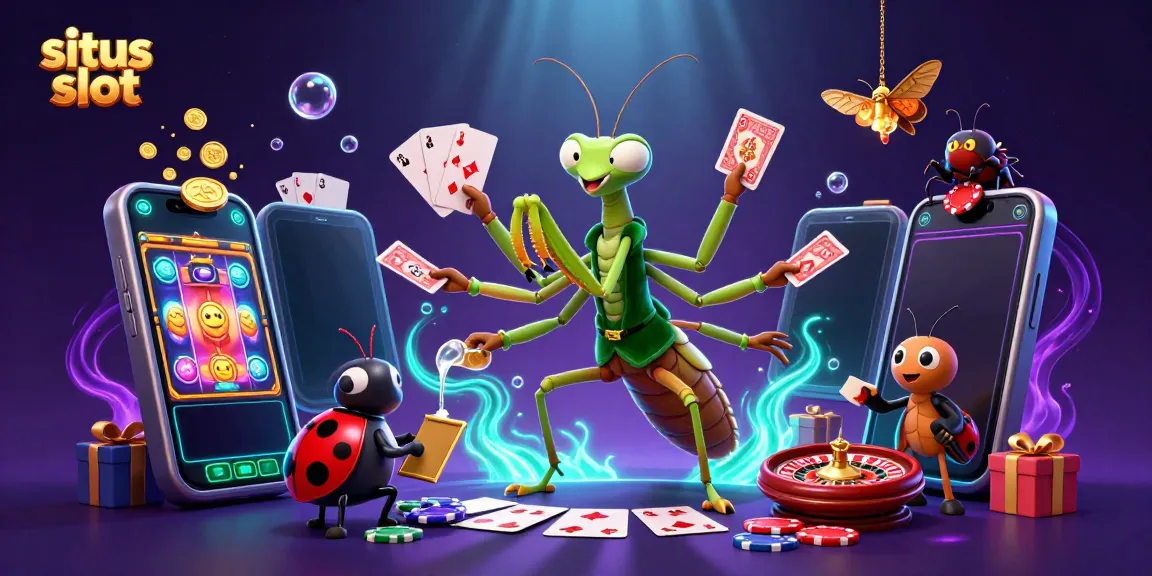 Experience thrills at situs slot with a giant praying mantis, ladybug pit boss, and colorful casino elements.