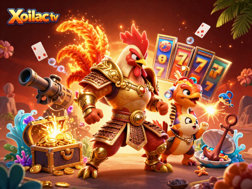Xoilac tv showcases a thrilling scene with a rooster warrior, dragon hatchling, and casino elements creating excitement for gamblers.