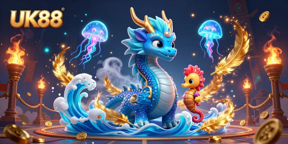 Engage in thrilling gameplay at UK88 with an enchanting 3D illustration of a dragon, seahorse knight, and jellyfish.