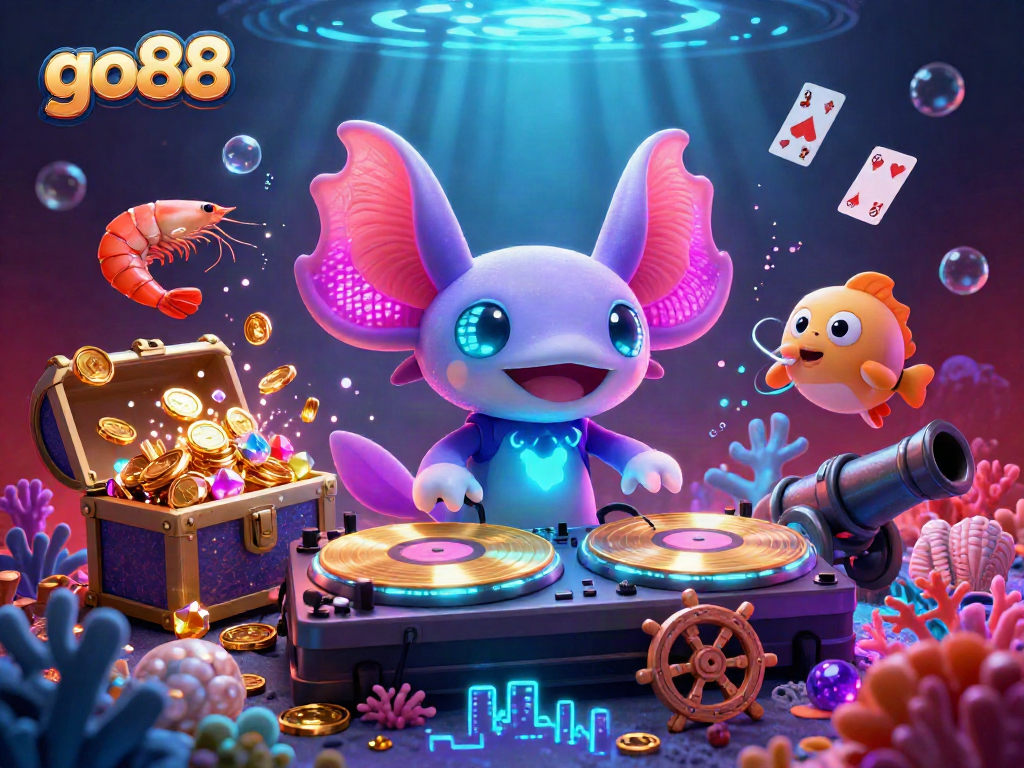 Engage with go88 in an underwater casino scene featuring a neon axolotl DJ spinning records amidst aquatic treasures.