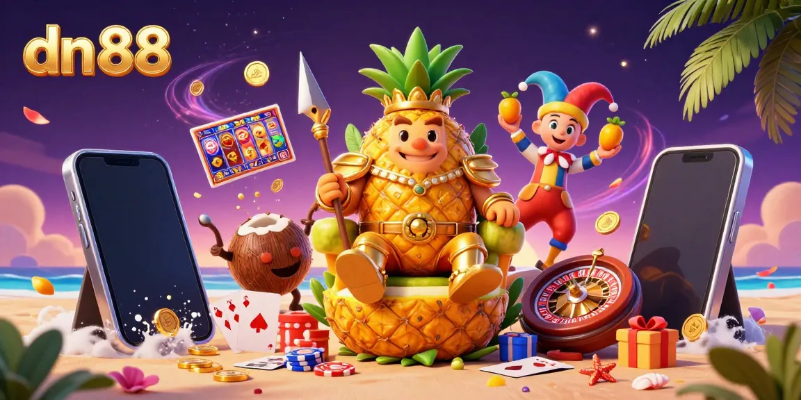 Experience thrilling casino games at dn 88 with vibrant illustrations of a tropical-themed casino scene.