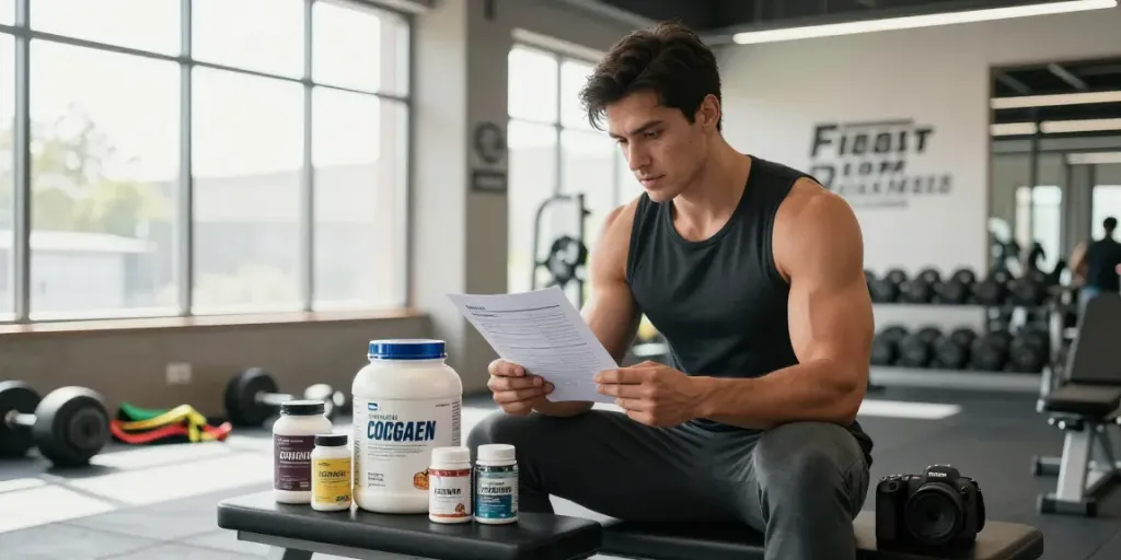 Active fitness enthusiast with supplements at https://biolabshop.nl/ in a bright gym.