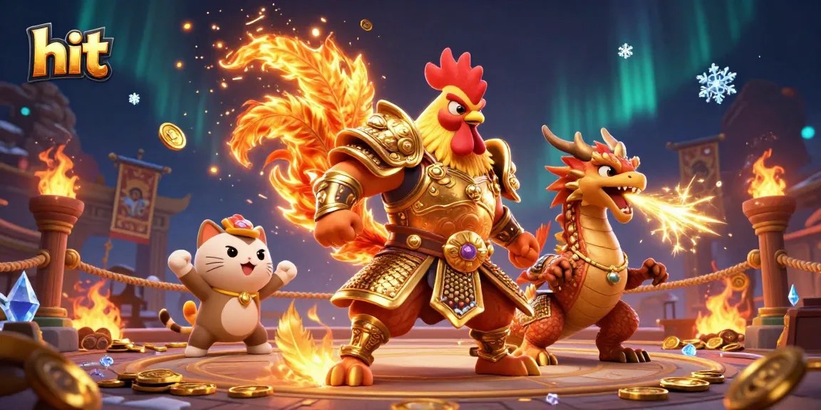 Engage in hit gaming action with an epic fighting rooster and dragon in an exhilarating casino battle
