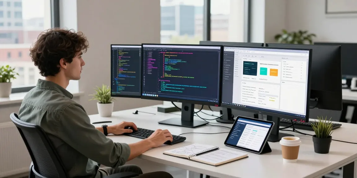 Build internal tools with AI in a tech workspace, showcasing coding on multiple monitors and collaboration.