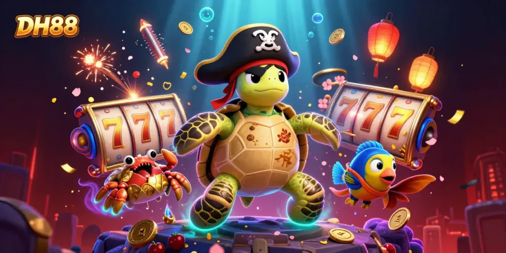Engage with DH88's winning slots scene as playful characters float over vibrant treasures.