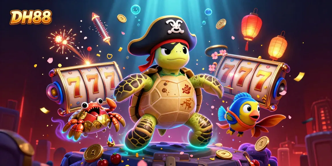 Engage with DH88's winning slots scene as playful characters float over vibrant treasures.
