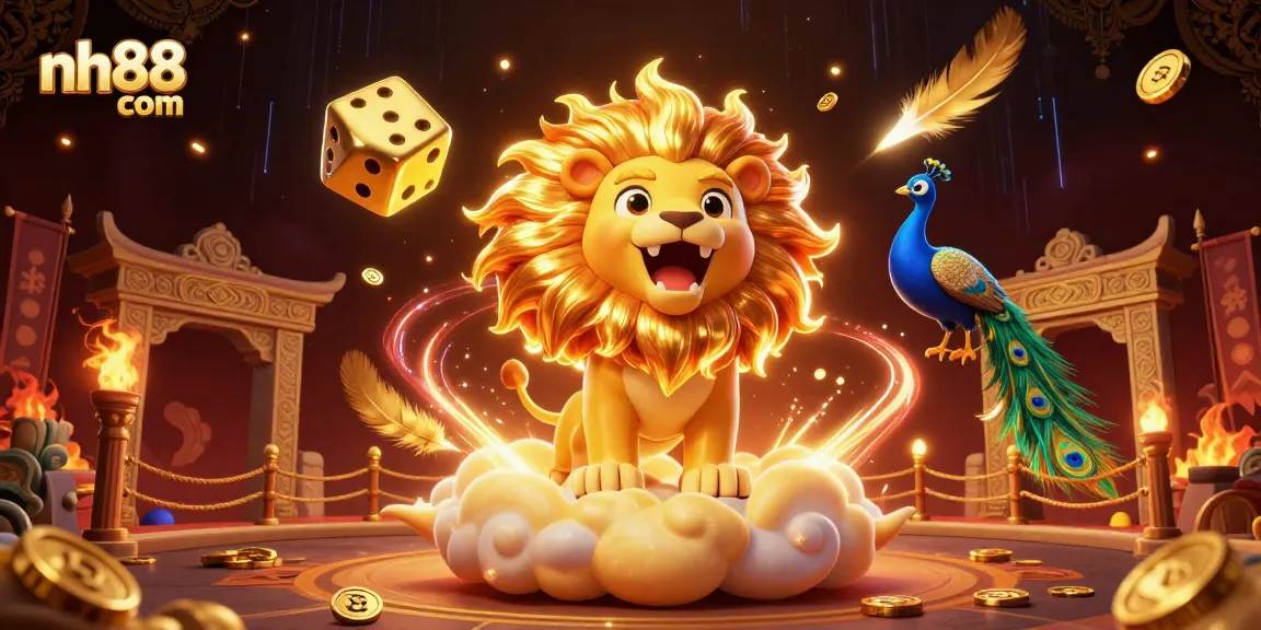 Experience thrilling gaming with nh88 com as a sun lion roars amidst golden dice and vibrant casino elements.