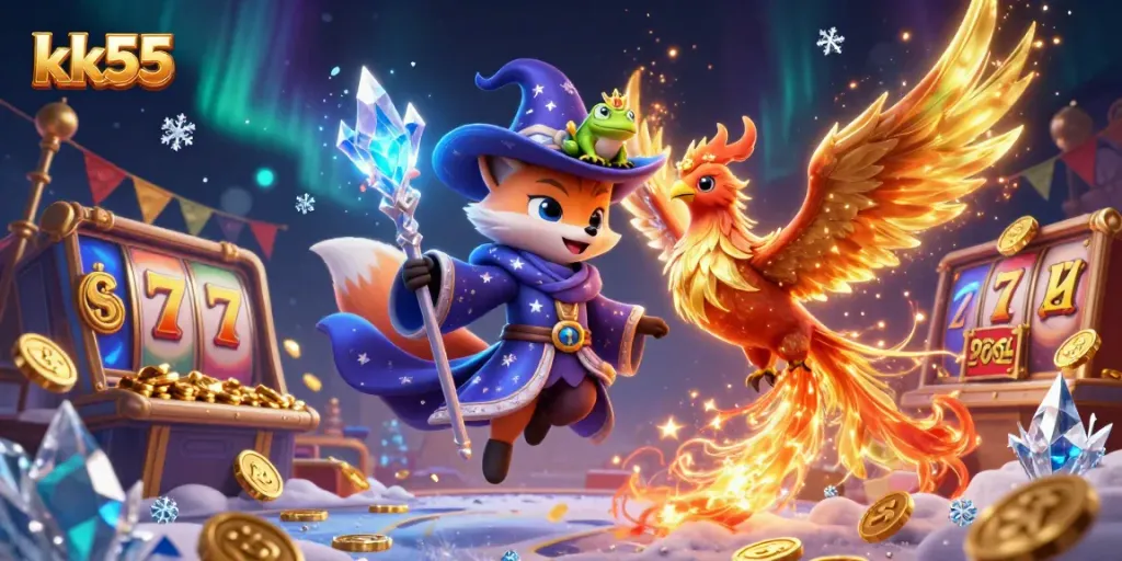 Experience thrilling gameplay at kk55 with magical characters and vibrant slot elements in this dynamic casino scene.