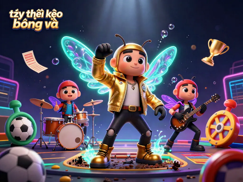Engage in tỷ lệ kèo bóng đá betting with lively sports elements featuring a cicada rock star and beetle drummer.