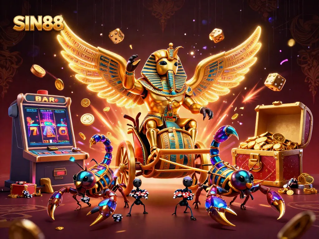 SIN88 online casino features a vibrant scene with a golden scarab and lively gaming elements bursting with excitement.