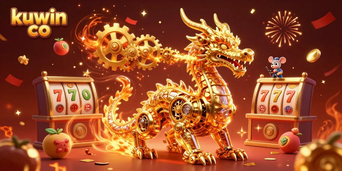 Join the excitement at kuwin co with a flamboyant golden dragon and slot machines in a vibrant casino scene.