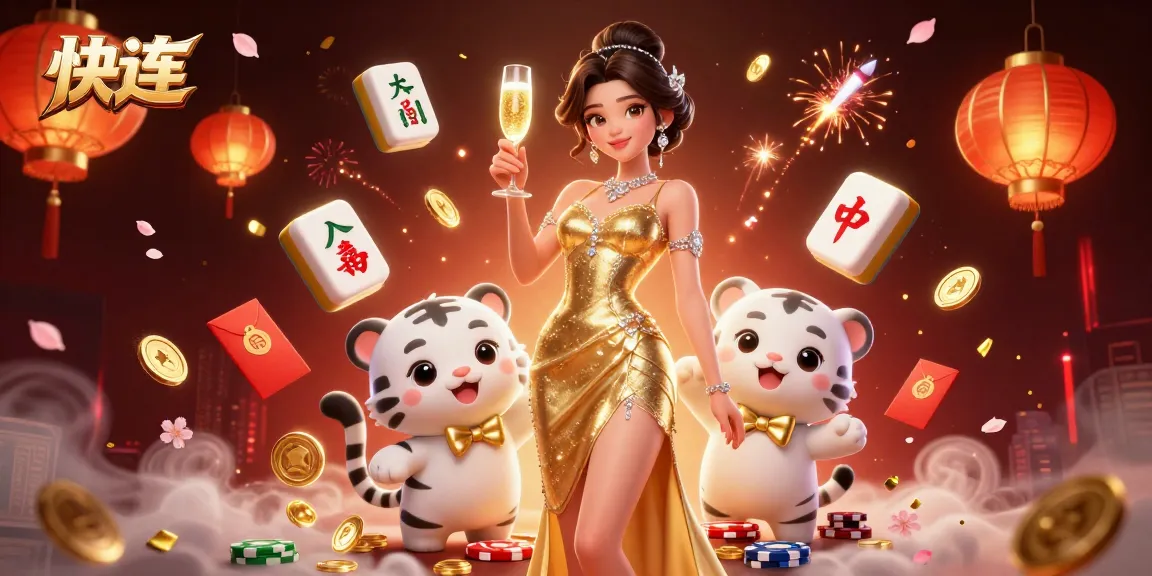 通过快连提升您的赌博体验，展现一位迷人的女性和一只幸运的老虎，置身于热闹的赌场场景中。