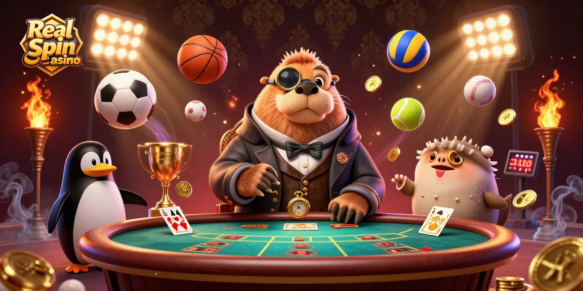 Real Spin Casino scene featuring a walrus, a penguin dealer, and a pufferfish bluffing at an underwater poker table.