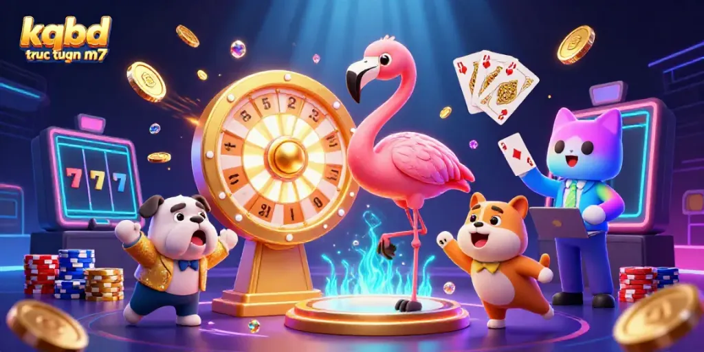 Experience the excitement of kqbd truc tuyen m7 as you watch a game show host flamingo spin a prize wheel, surrounded by vibrant casino elements.