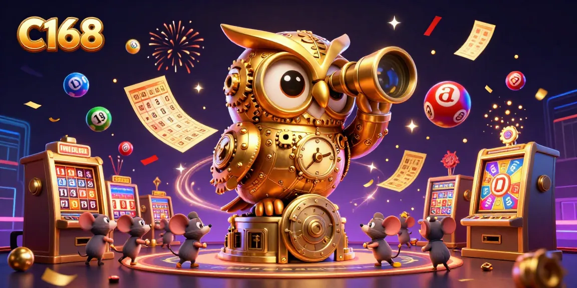 C168 offers an exciting casino experience with vibrant golden owl, slot machines, and lottery elements illuminating the scene.