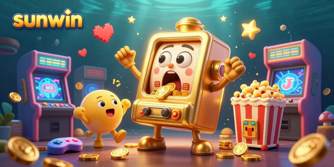 Experience sunwin's thrilling jackpot moment as cartoon slot machines cheer with gold coins pouring out.