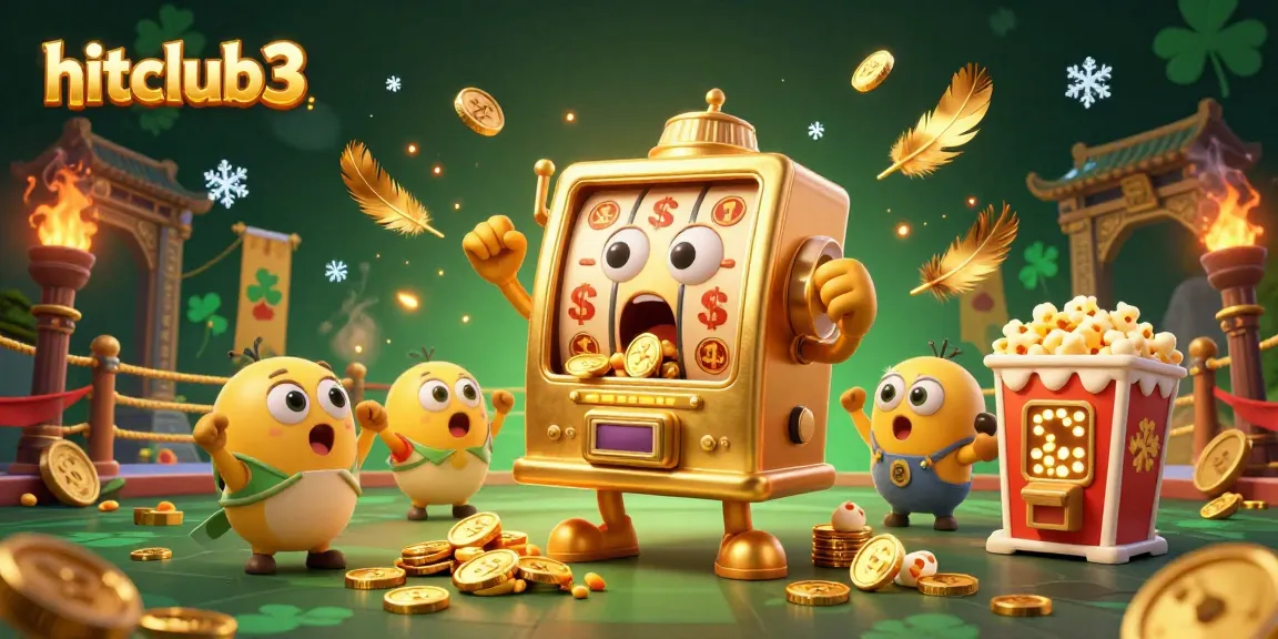 hitclub3 slot machine surprises players as coins pour from its mouth in a vibrant casino scene.