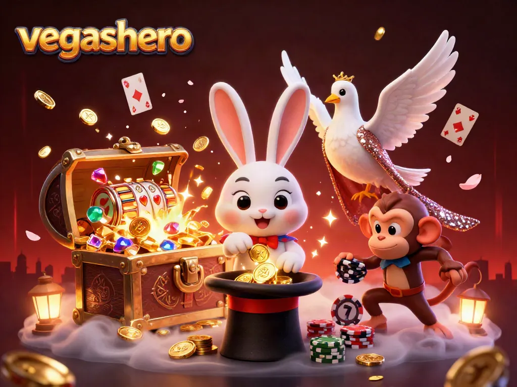 Experience vegashero with a magician, dove, and monkey in a thrilling casino setting, capturing excitement.