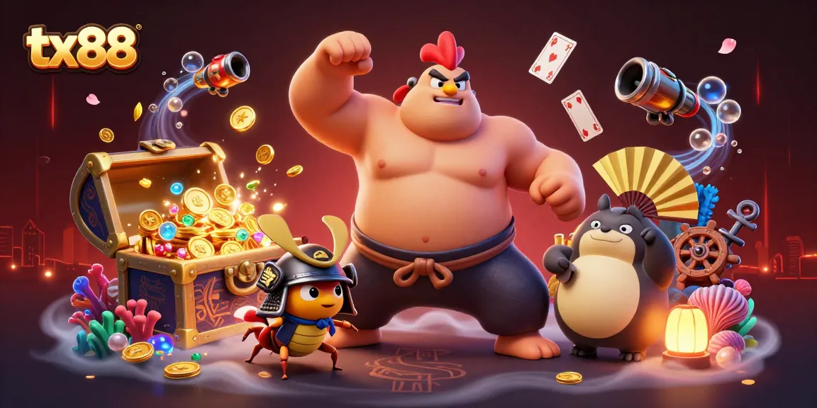 tx88 showcases a powerful sumo rooster, fierce samurai cricket, and tanuki announcer amid a treasure-filled scene.