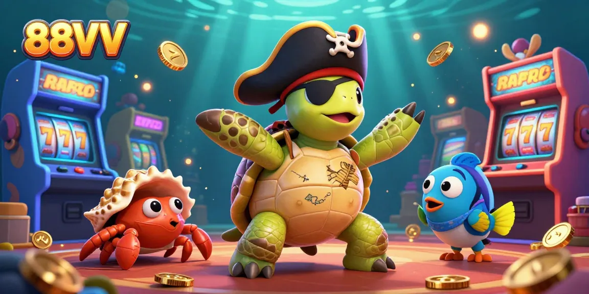 Engage with 88VV's vibrant casino scene featuring a unique pirate turtle and exciting gaming elements.