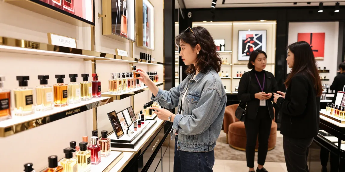 Paris Corner parfum in luxe winkelomgeving met elegante flessen en stijlvolle klanten.