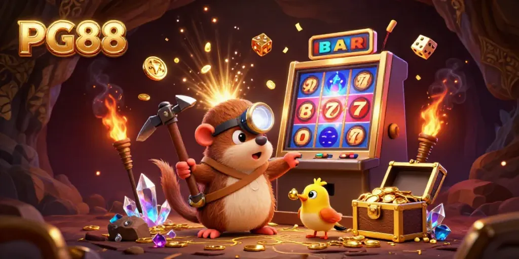 Experience the excitement of PG88 with a whimsical 3D scene full of casino treasures and vibrant energy.